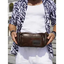 Сумка бананка мужская через плечо Ruff Ryder из натуральной кожи коричневая