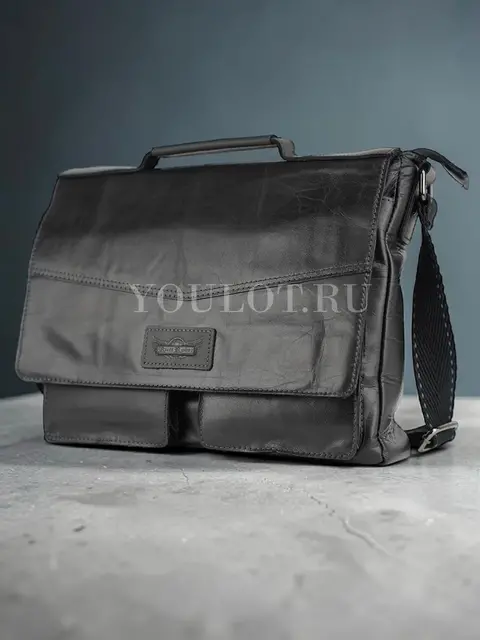 Портфель для документов A4 кожаный Ruff Ryder 4415 чёрный с ремнем через плечо Old Money