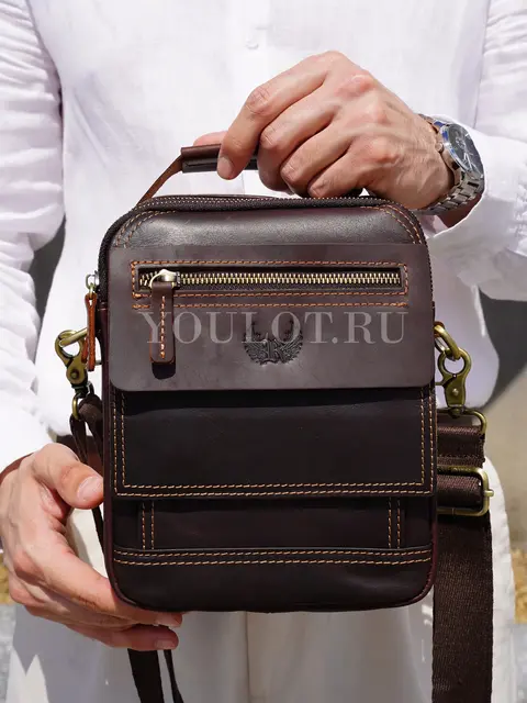 Сумка через плечо, барсетка Ryff Ryder RR 84545 D.BROWN с ручкой кожаная коричневого цвета
