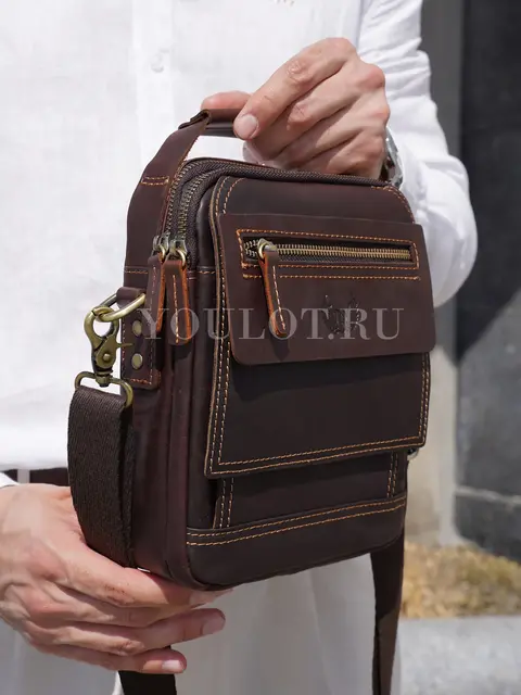 Сумка через плечо, барсетка Ryff Ryder RR 84545 D.BROWN с ручкой кожаная коричневого цвета