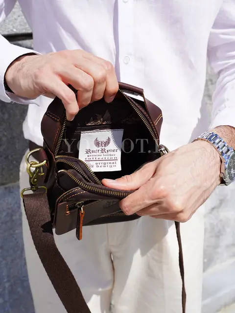 Сумка через плечо, барсетка Ryff Ryder RR 84545 D.BROWN с ручкой кожаная коричневого цвета