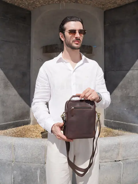 Сумка через плечо, барсетка Ryff Ryder RR 84545 D.BROWN с ручкой кожаная коричневого цвета