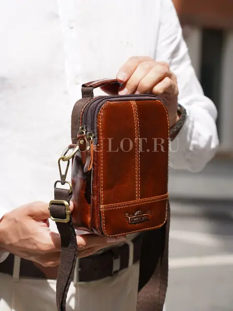 Сумка мужская через плечо Ruff Ryder 6521 из натуральной кожи маленькая коричневая