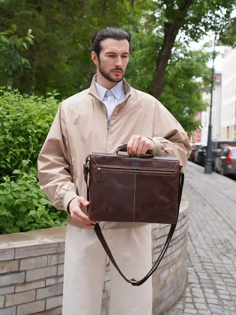 Кожаный портфель для документов Ruff Ryder 4129, сумка мужская Old Money коричневая