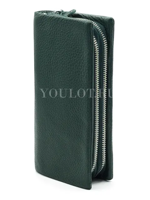 Женский кошелек с двумя молниями Briefcase 03D 9907-4 GREE кожаный зеленый