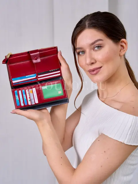 Женский кошелек для телефона, денег и карт Briefcase из натуральной кожи красный 8236